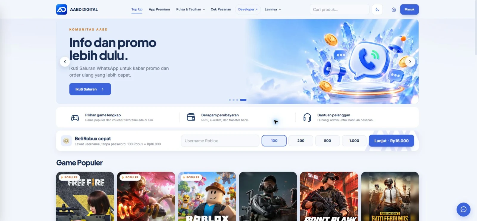 Pratinjau website top up AABD DIGITAL dengan katalog game